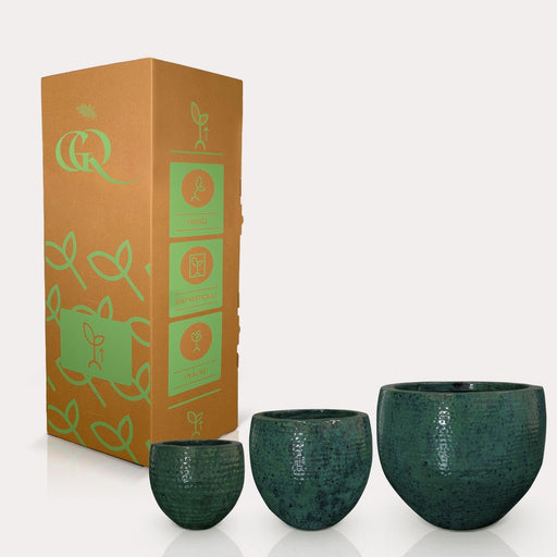 Sæt Med Tre Mørkegrønne Keramiske Plantepotter