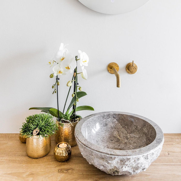 Hvid Phalaenopsis Niagara Fall Orchid Og Dens Gyldne Plantepotte - Blomstrende Stueplante