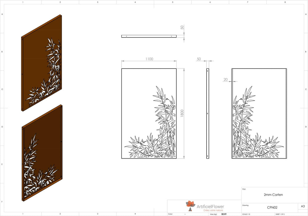 Bambus Corten Panel Til Haveterrasse H.180X110 Cm