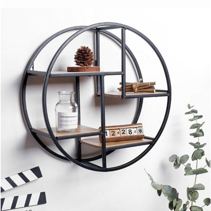 Planteholder Rund Hylde Træ Og Sort Metal