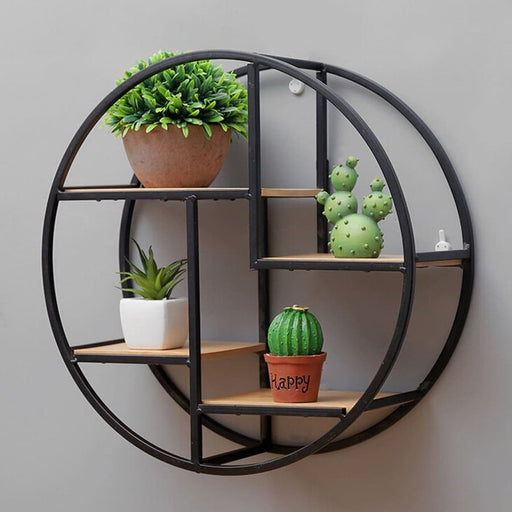 Planteholder Rund Hylde Træ Og Sort Metal