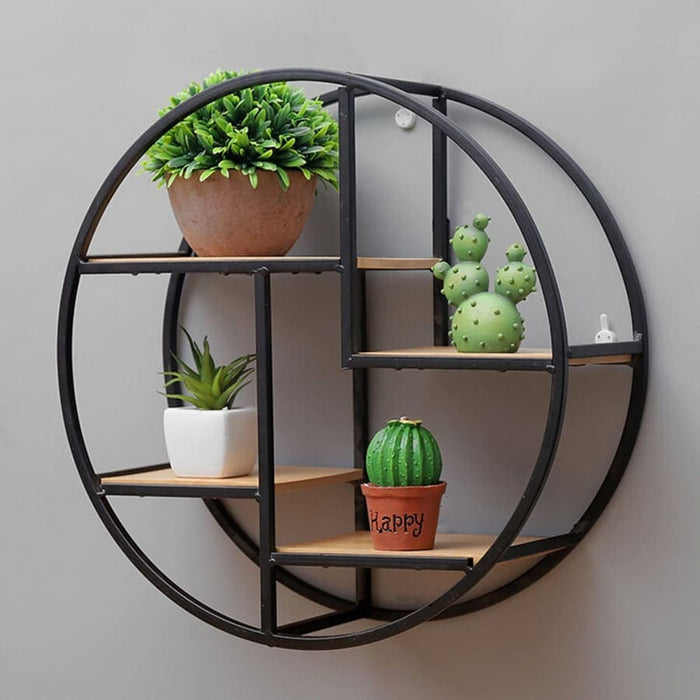 Planteholder Rund Hylde Træ Og Sort Metal