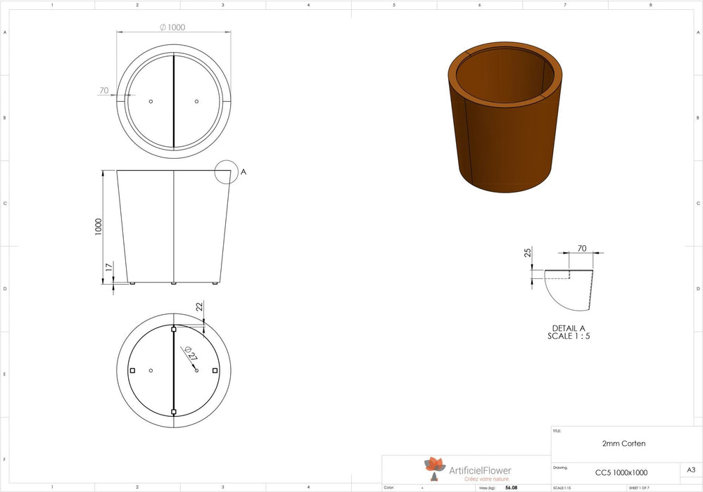 Rusten Corten Stål Konisk Urtepotte 100Cm